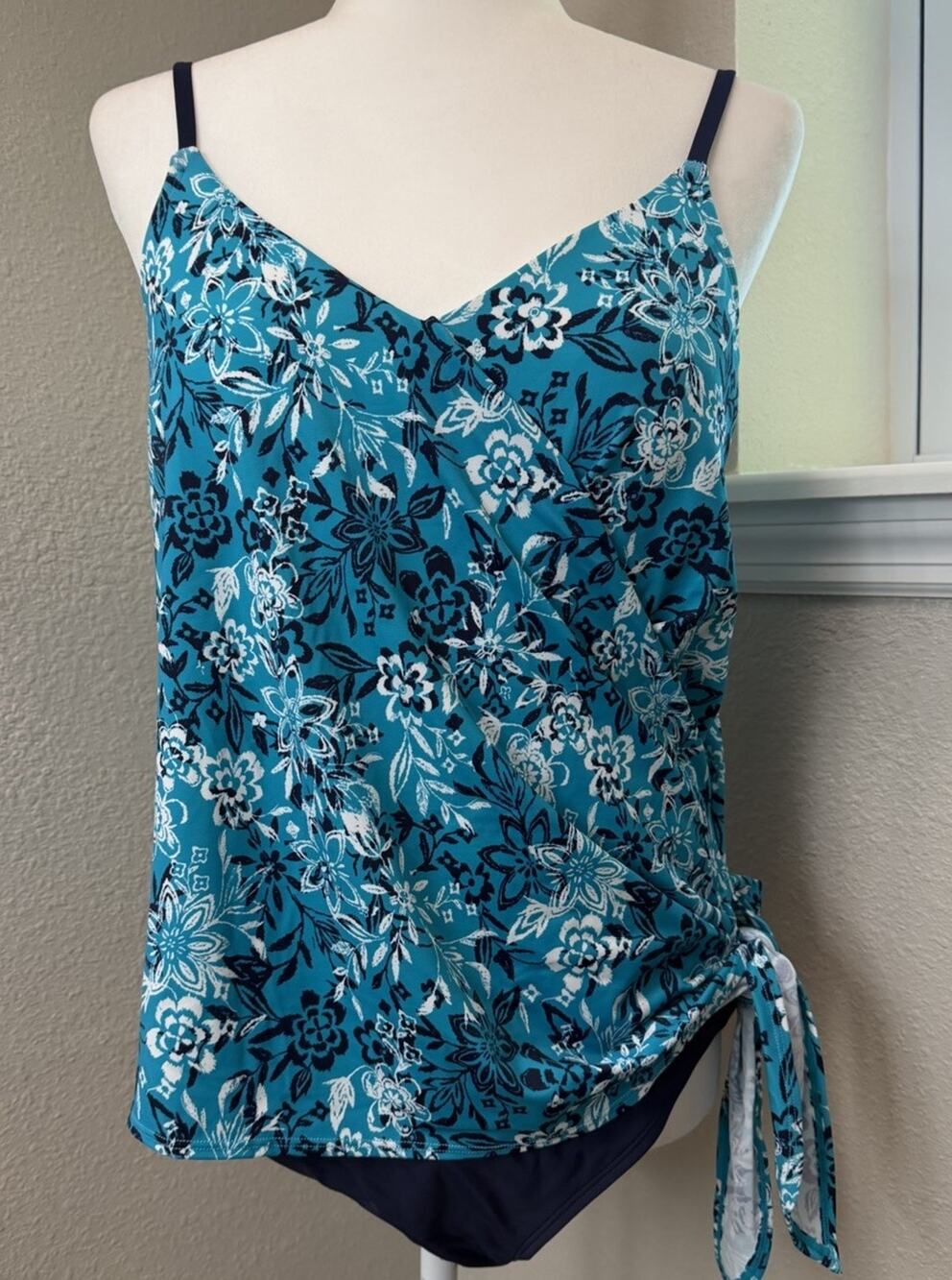 CUPSHE Size Large One Piece Swimsuit Blue White Floral Tie Side